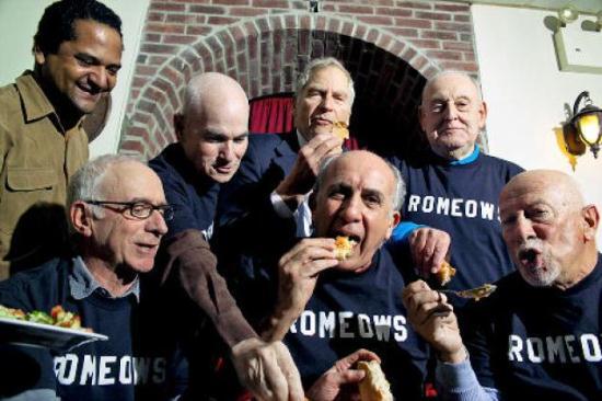 Scene from THE ROMEOWS documentary — the group sharing stories over dinner